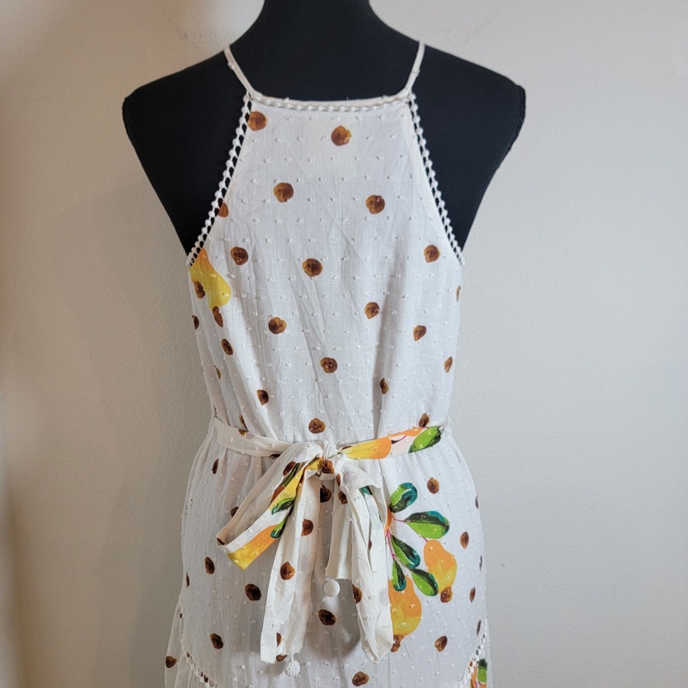Farm Rio Women XS White Lemon Polka Dot Tiered Halter Maxi Dress Vacation Picnic - Picture 9 of 16